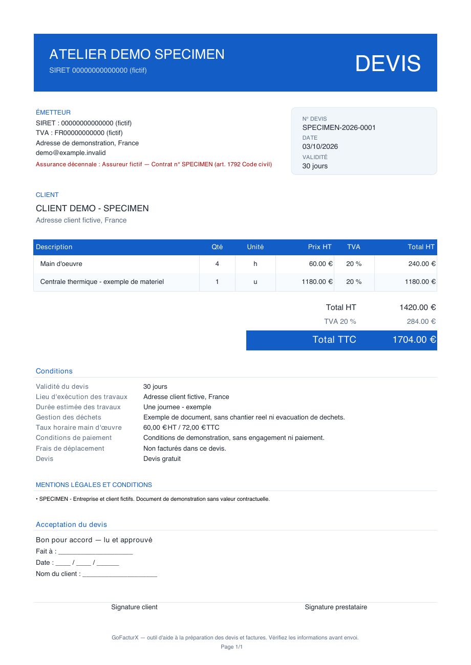 Devis GoFacturX SPECIMEN : document de démonstration avec entreprise et client fictifs.