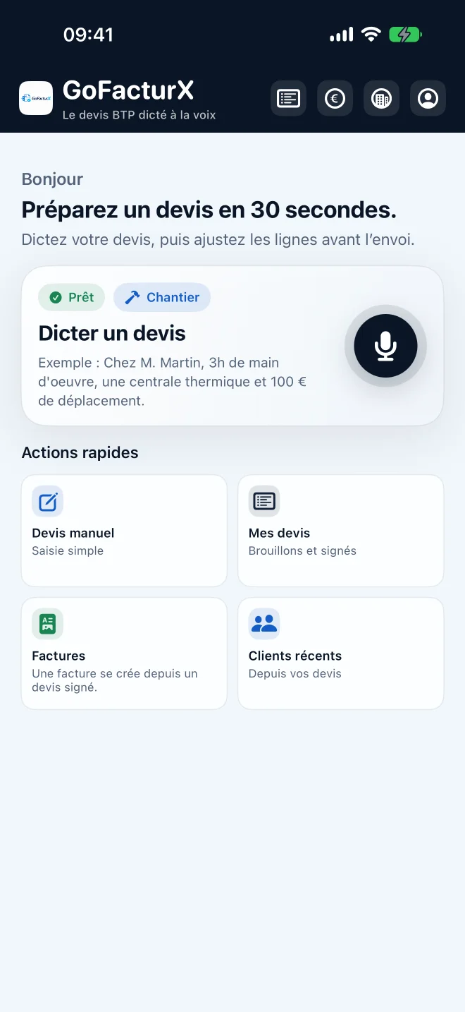 Écran d’accueil GoFacturX sur iPhone : dicter un devis, devis manuel, mes devis et factures.